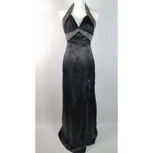 Satin by Riva Designs Beaded Halter Gown